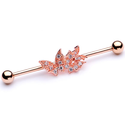 14 Gauge Clear CZ Gem Rose Gold Tone Butterflies Industrial Barbell 38mm