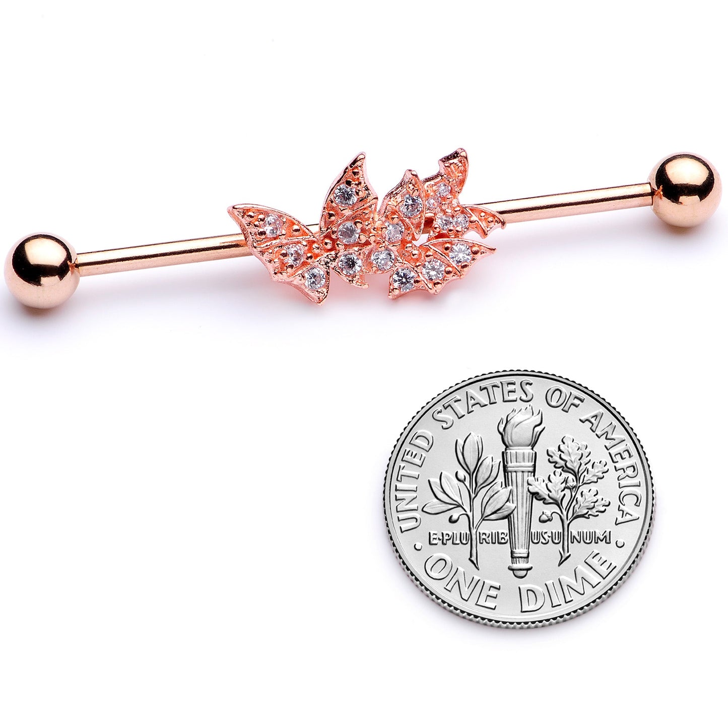 14 Gauge Clear CZ Gem Rose Gold Tone Butterflies Industrial Barbell 38mm