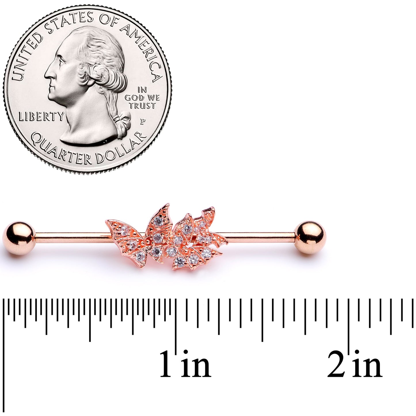 14 Gauge Clear CZ Gem Rose Gold Tone Butterflies Industrial Barbell 38mm