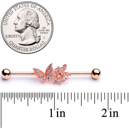 14 Gauge Clear CZ Gem Rose Gold Tone Butterflies Industrial Barbell 38mm