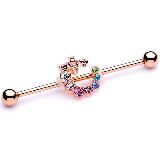 14 Gauge Multicolor Gem Rose Gold Tone Bee Industrial Barbell 38mm