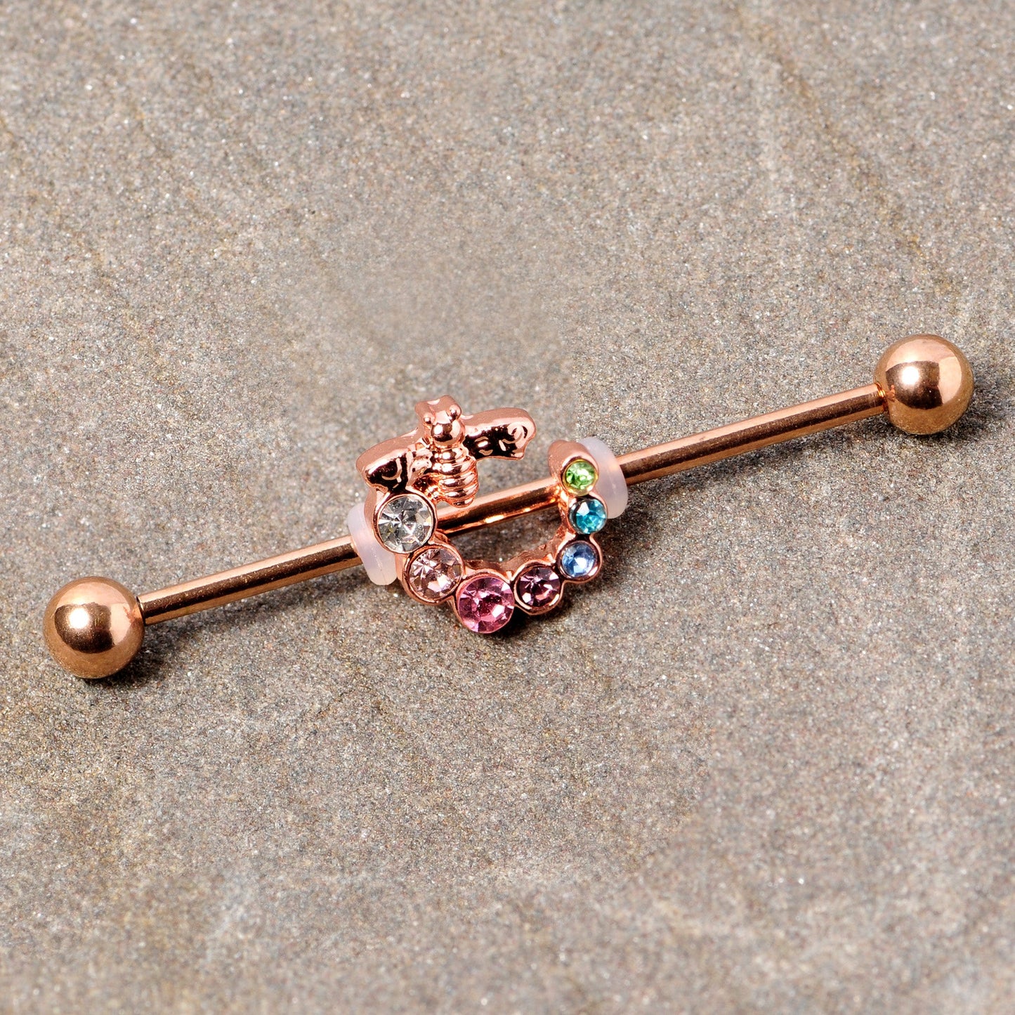 14 Gauge Multicolor Gem Rose Gold Tone Bee Industrial Barbell 38mm