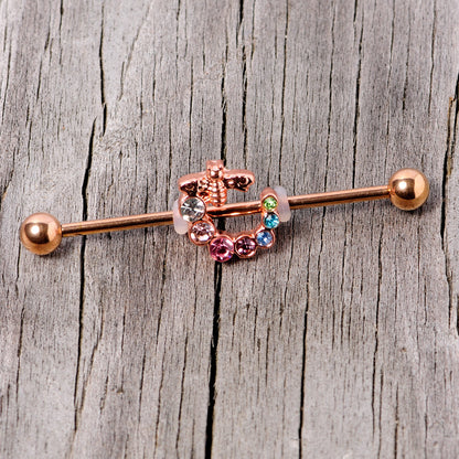 14 Gauge Multicolor Gem Rose Gold Tone Bee Industrial Barbell 38mm