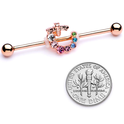 14 Gauge Multicolor Gem Rose Gold Tone Bee Industrial Barbell 38mm