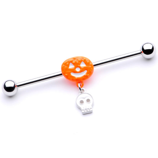 14 Gauge Pumpkin Skull Halloween Dangle Industrial Barbell 38mm