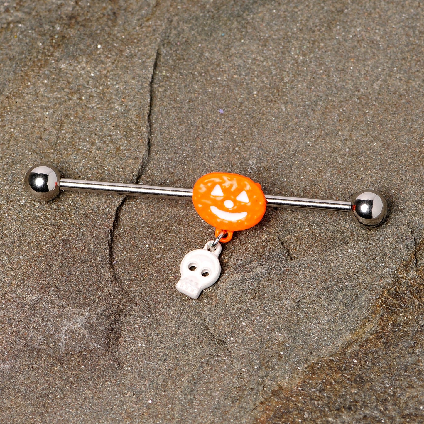 14 Gauge Pumpkin Skull Halloween Dangle Industrial Barbell 38mm