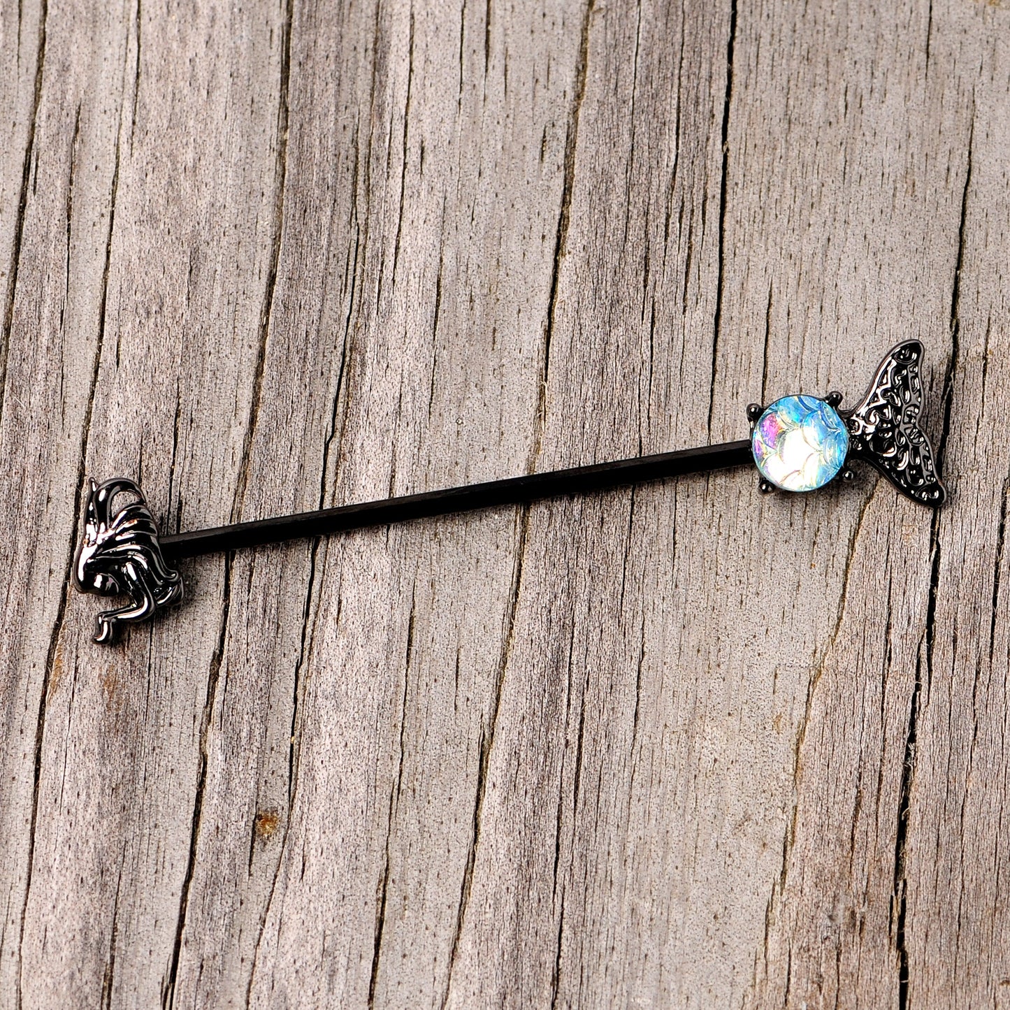 14 Gauge Black Blue Mermaid Scale Tail Industrial Barbell 38mm