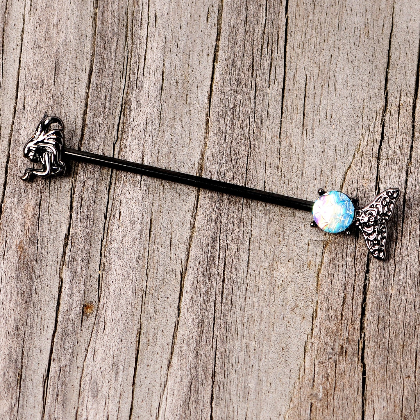 14 Gauge Black Blue Mermaid Scale Tail Industrial Barbell 38mm