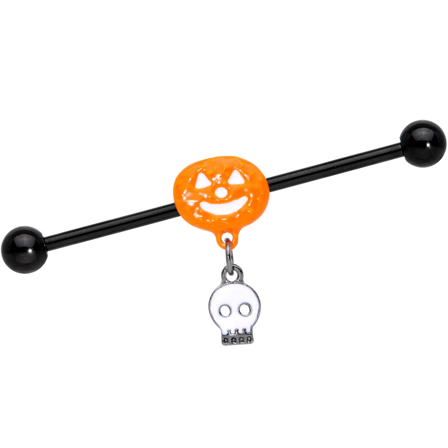 14 Gauge Orange Pumpkin Skull Halloween Dangle Industrial Barbell 38mm