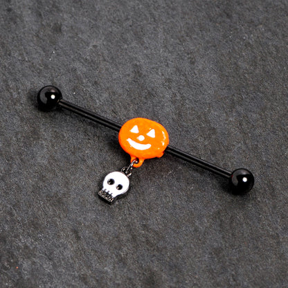 14 Gauge Orange Pumpkin Skull Halloween Dangle Industrial Barbell 38mm