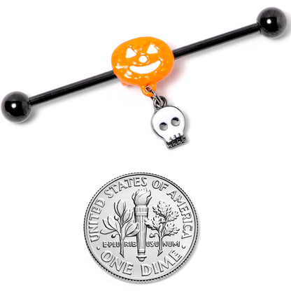 14 Gauge Orange Pumpkin Skull Halloween Dangle Industrial Barbell 38mm