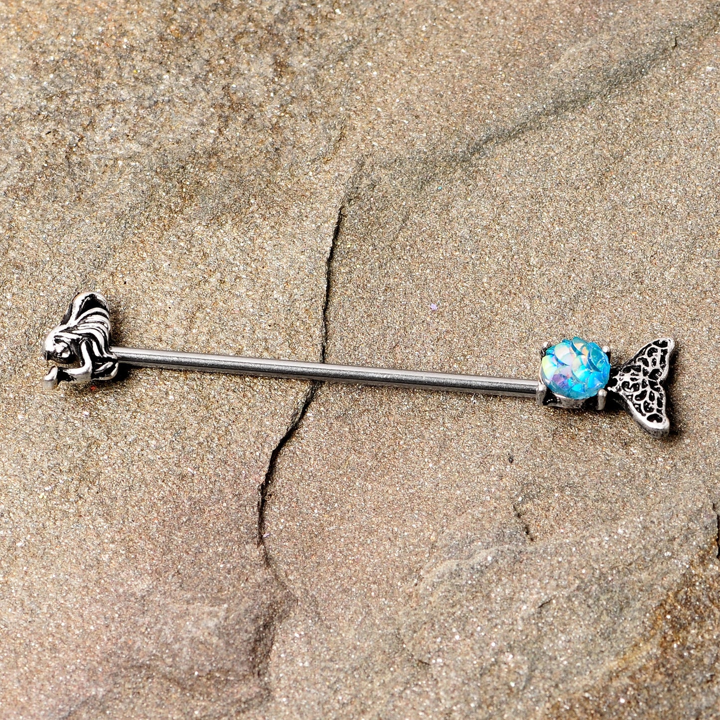 14 Gauge Blue Mermaid Scale Tail Industrial Barbell 38mm