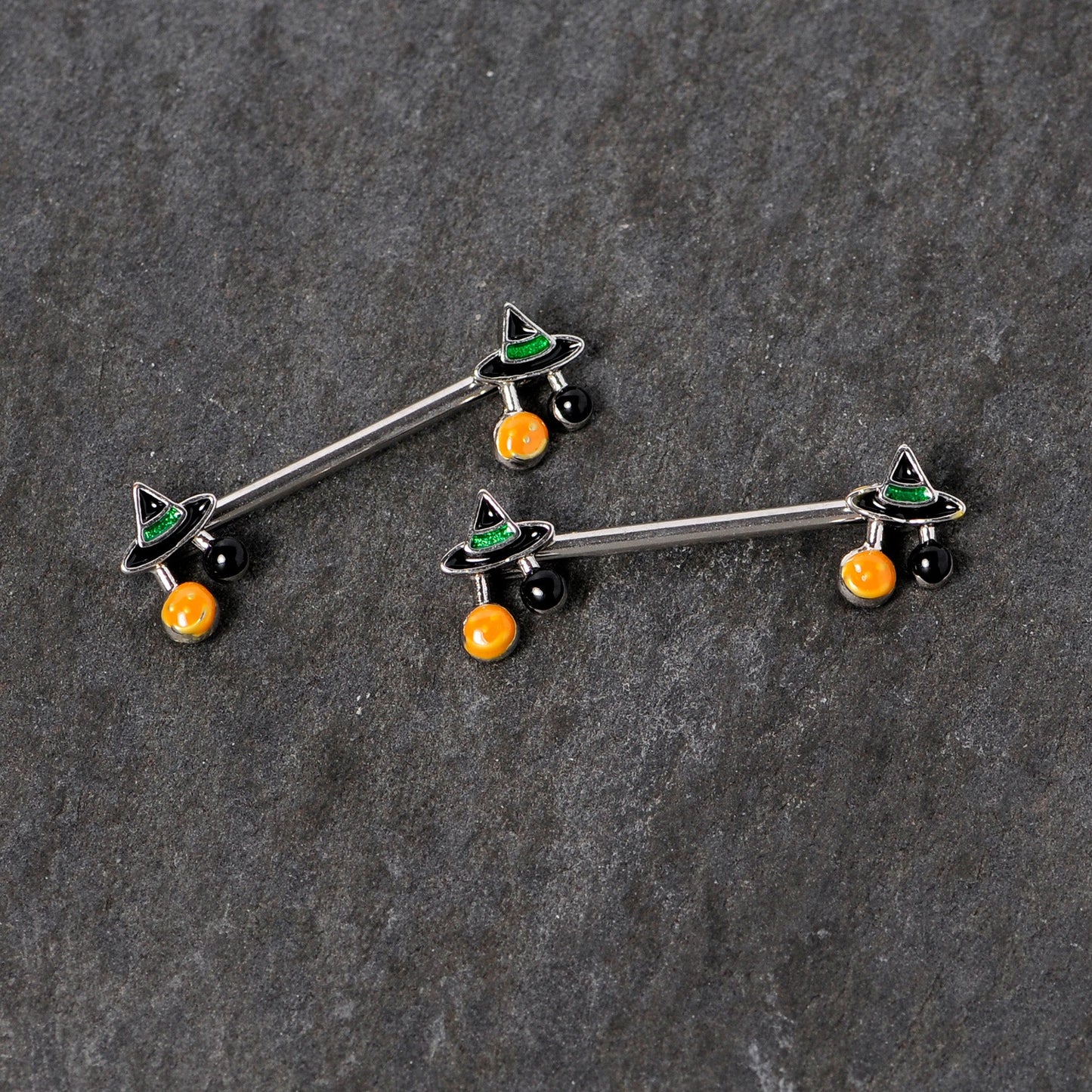 14 Gauge 5/8 Trick or Treat Witch Hat Halloween Nipple Ring Set