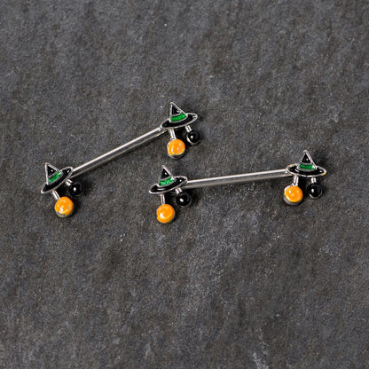 14 Gauge 5/8 Trick or Treat Witch Hat Halloween Nipple Ring Set