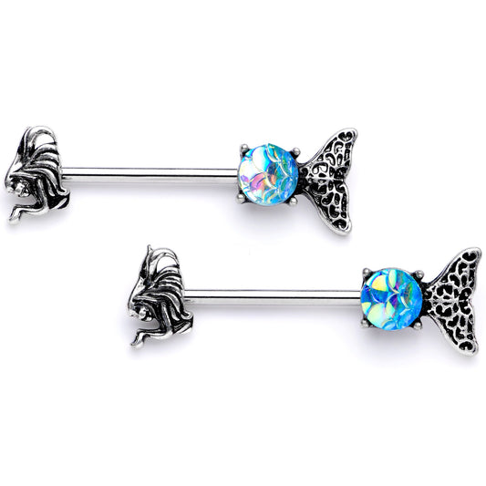 14 Gauge 5/8 Blue Mermaid Scale Tail Barbell Nipple Ring Set