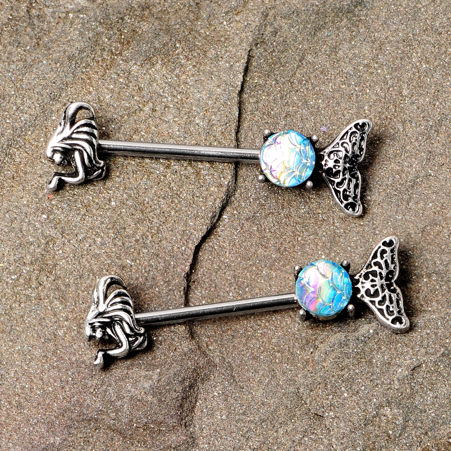 14 Gauge 5/8 Blue Mermaid Scale Tail Barbell Nipple Ring Set