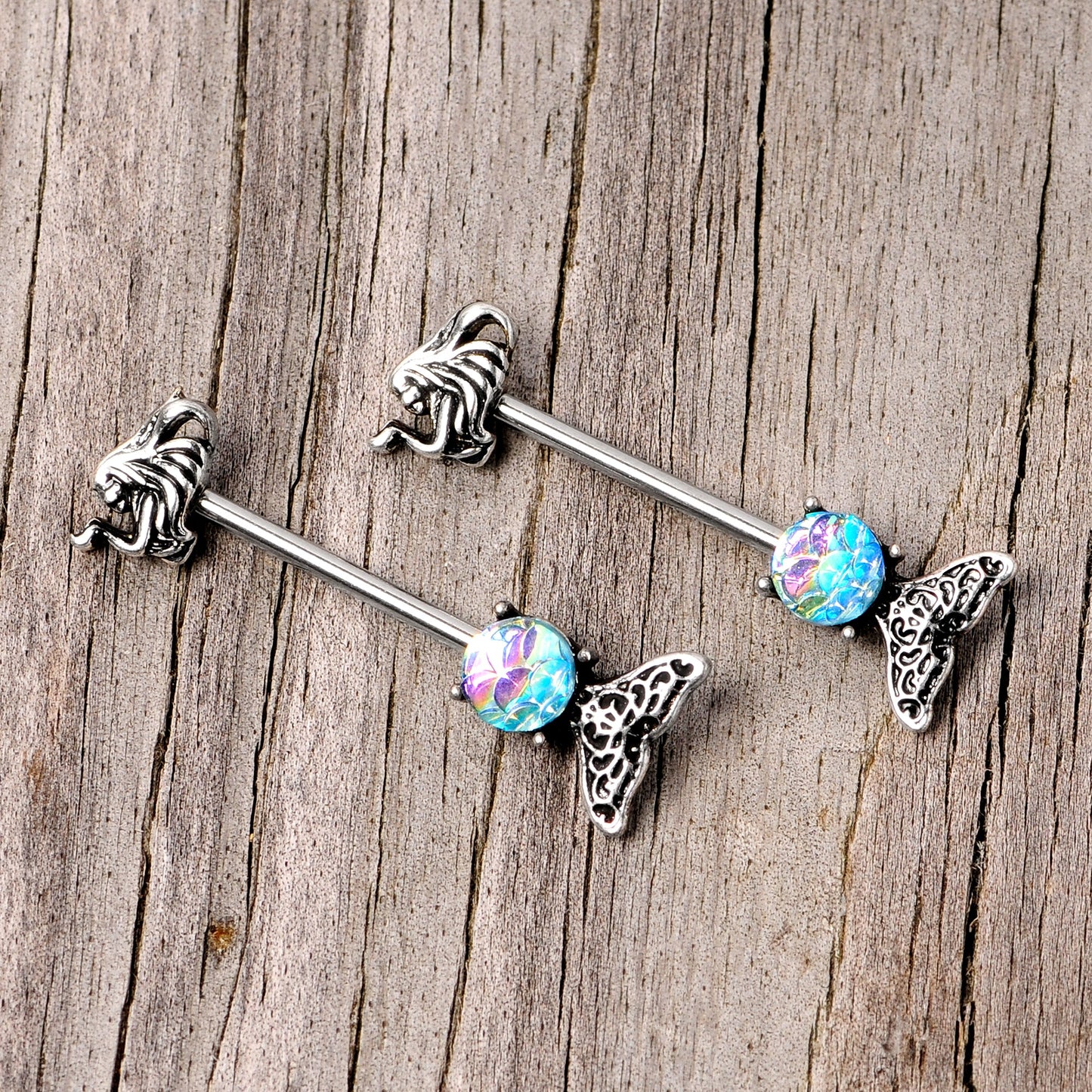 14 Gauge 5/8 Blue Mermaid Scale Tail Barbell Nipple Ring Set