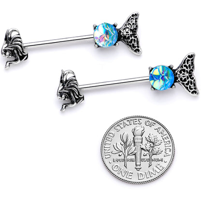 14 Gauge 5/8 Blue Mermaid Scale Tail Barbell Nipple Ring Set