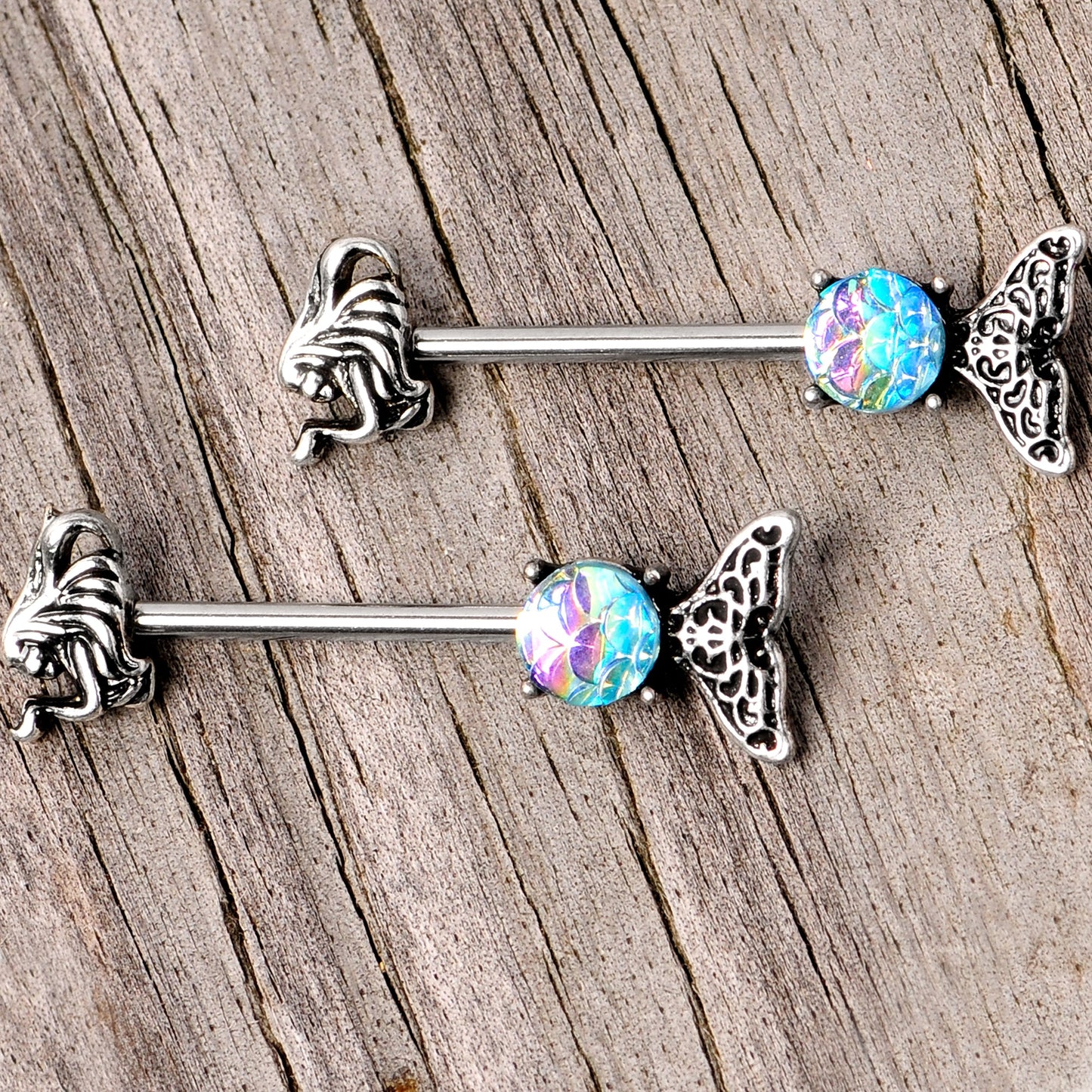 14 Gauge 5/8 Blue Mermaid Scale Tail Barbell Nipple Ring Set