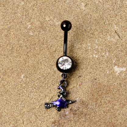 Clear Gem Black Purple Broom Witch Halloween Dangle Belly Ring