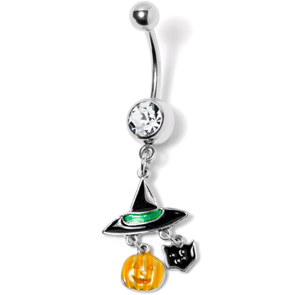 Clear Gem Witch Hat Bat Orange Pumpkin Halloween Dangle Belly Ring