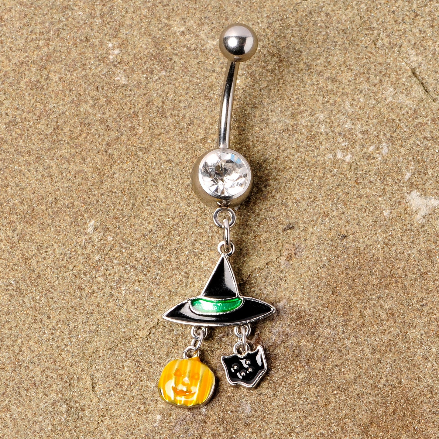 Clear Gem Witch Hat Bat Orange Pumpkin Halloween Dangle Belly Ring
