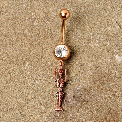Clear Gem Rose Gold Tone Mermaid Skeleton Halloween Dangle Belly Ring