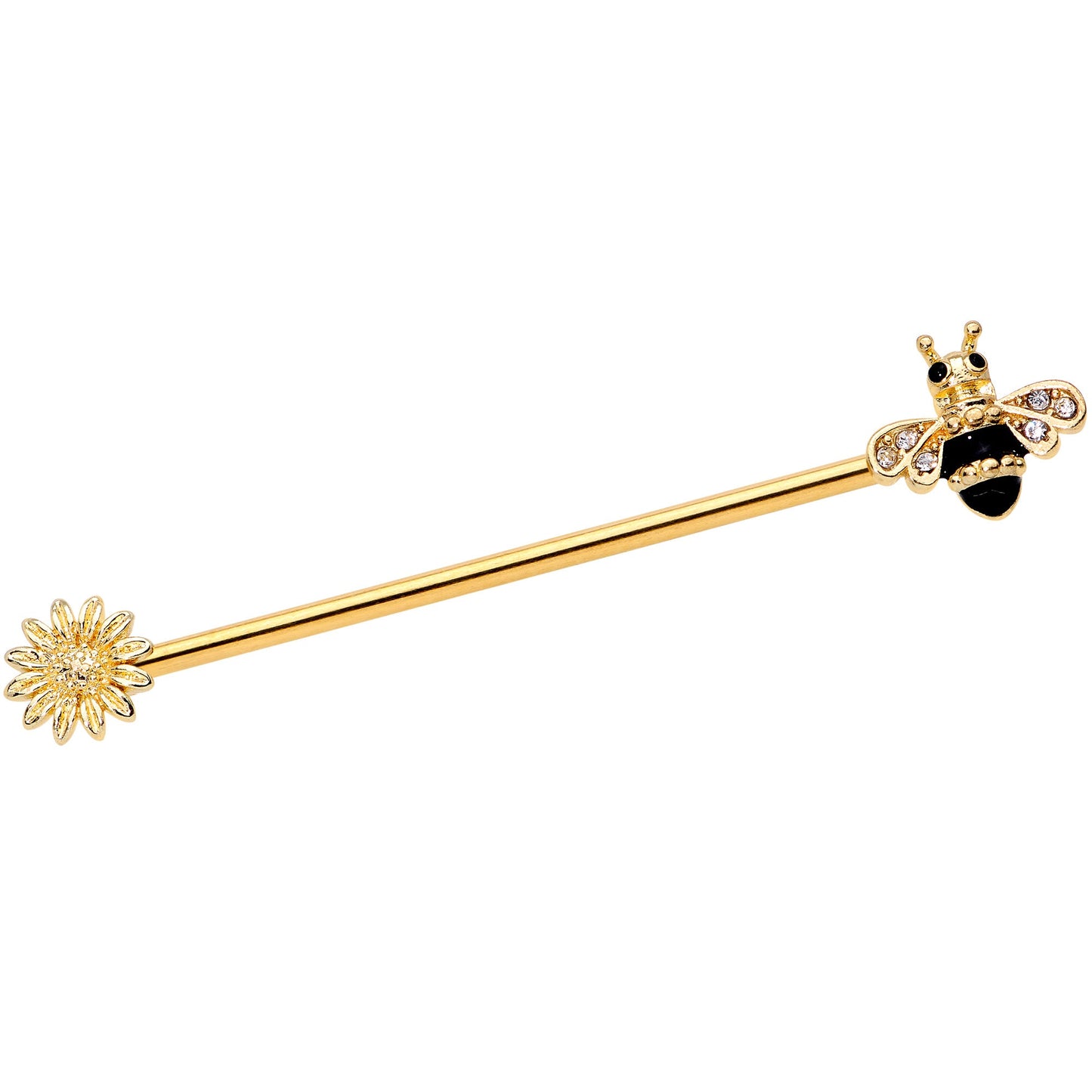 14 Gauge Clear Black Gem Gold Tone Bee Sunflower Industrial Barbell 38mm