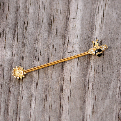 14 Gauge Clear Black Gem Gold Tone Bee Sunflower Industrial Barbell 38mm