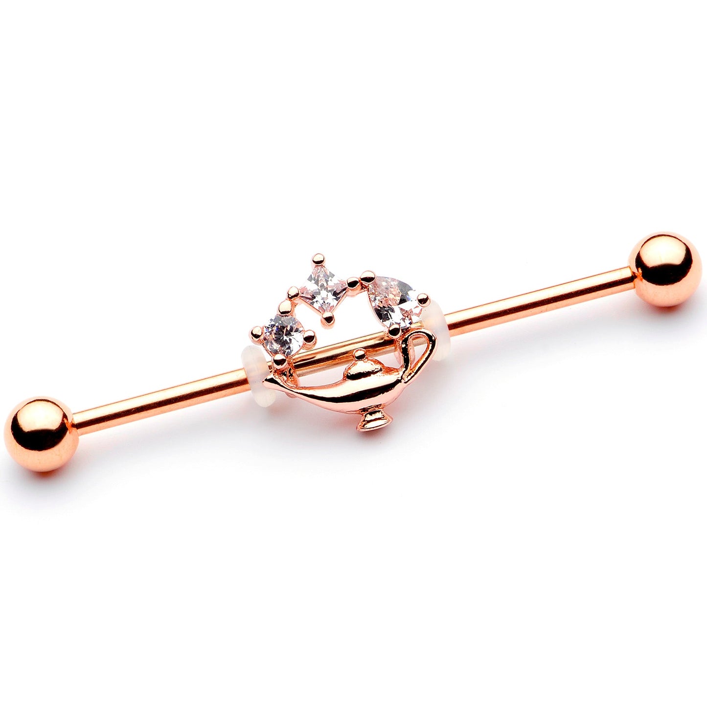 14 Gauge Clear CZ Gem Rose Gold Hue Genie Lamp Industrial Barbell 38mm