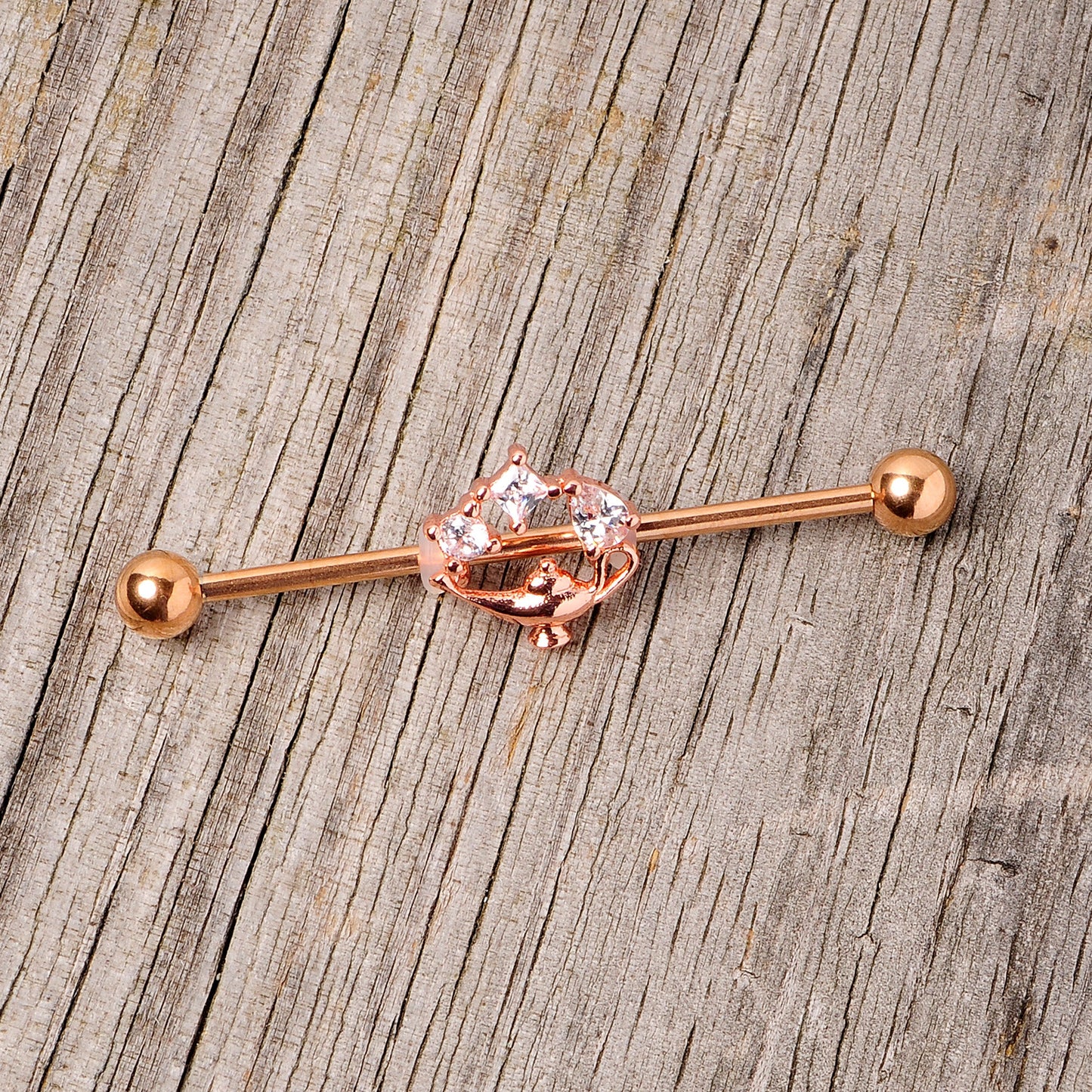 14 Gauge Clear CZ Gem Rose Gold Hue Genie Lamp Industrial Barbell 38mm