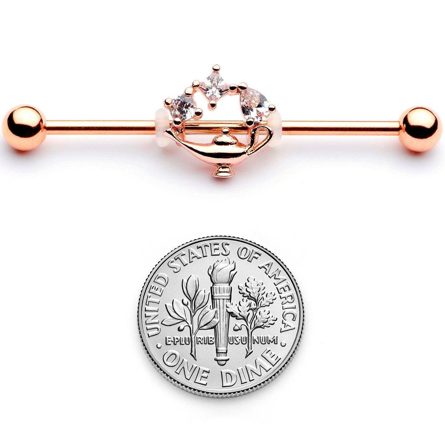 14 Gauge Clear CZ Gem Rose Gold Hue Genie Lamp Industrial Barbell 38mm