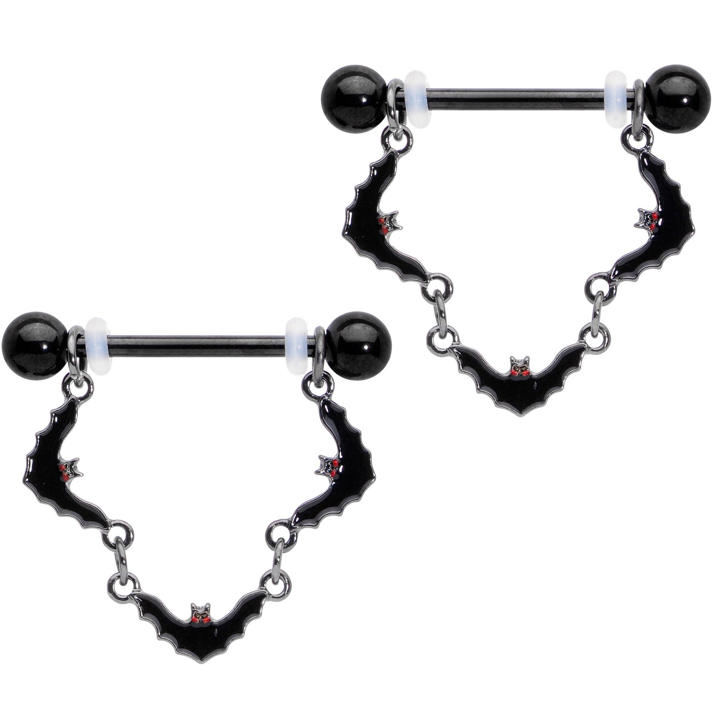 14 Gauge 9/16 Black Vampire Bat Halloween Dangle Nipple Ring Set