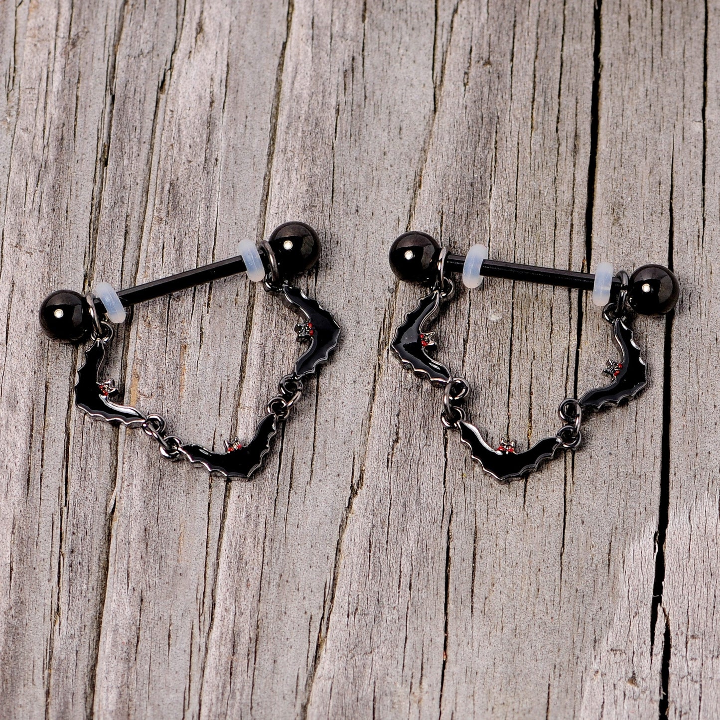 14 Gauge 9/16 Black Vampire Bat Halloween Dangle Nipple Ring Set