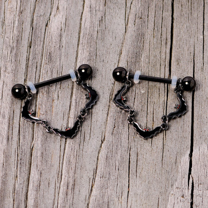 14 Gauge 9/16 Black Vampire Bat Halloween Dangle Nipple Ring Set