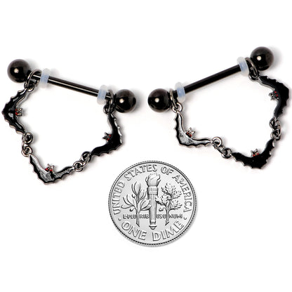 14 Gauge 9/16 Black Vampire Bat Halloween Dangle Nipple Ring Set