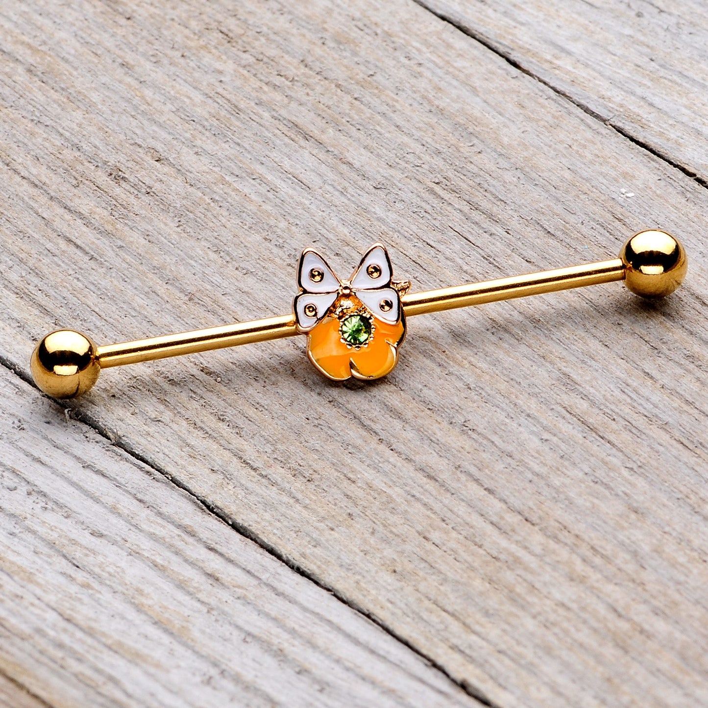 14 Gauge Green Gem Gold Tone Butterfly Flower Industrial Barbell 38mm