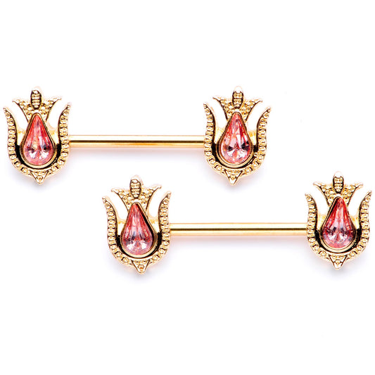 14 Gauge 9/16 Pink Gem Gold Tone Flower Barbell Nipple Ring Set