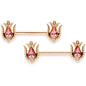 14 Gauge 9/16 Pink Gem Gold Tone Flower Barbell Nipple Ring Set