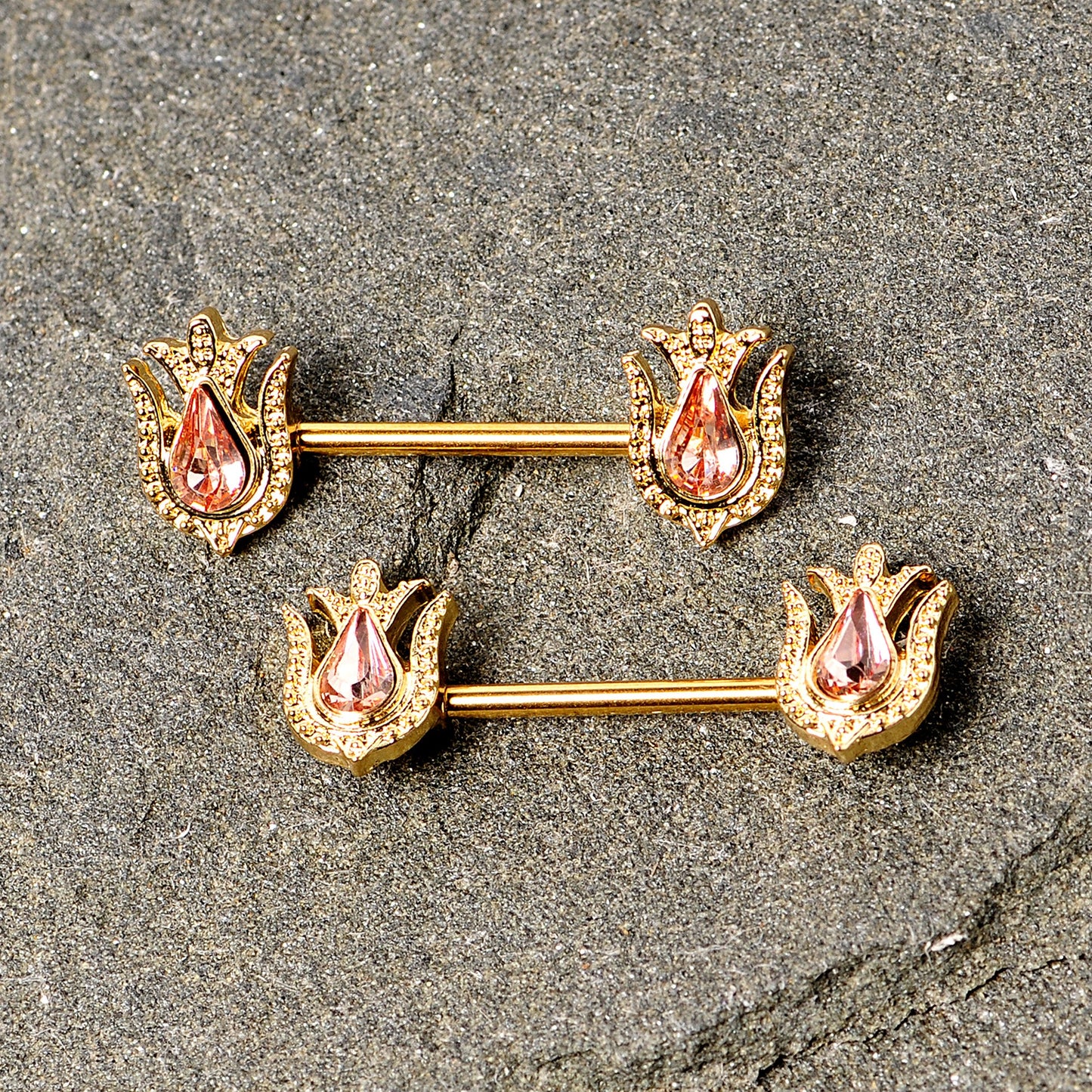 14 Gauge 9/16 Pink Gem Gold Tone Flower Barbell Nipple Ring Set