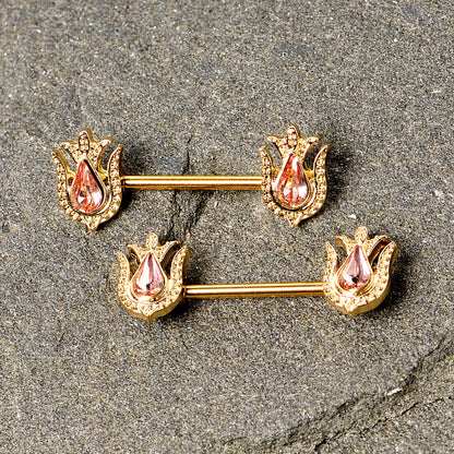 14 Gauge 9/16 Pink Gem Gold Tone Flower Barbell Nipple Ring Set