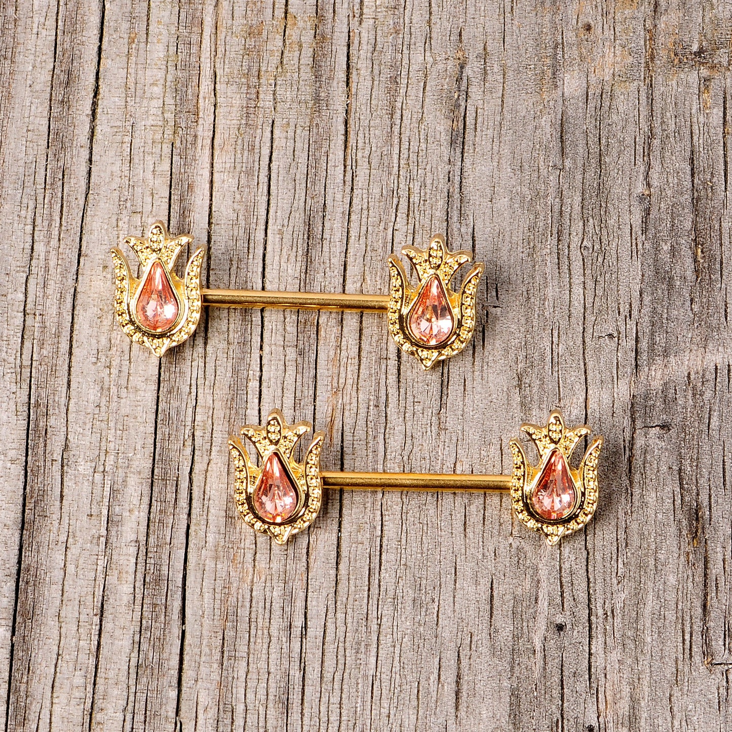 14 Gauge 9/16 Pink Gem Gold Tone Flower Barbell Nipple Ring Set