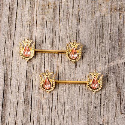 14 Gauge 9/16 Pink Gem Gold Tone Flower Barbell Nipple Ring Set