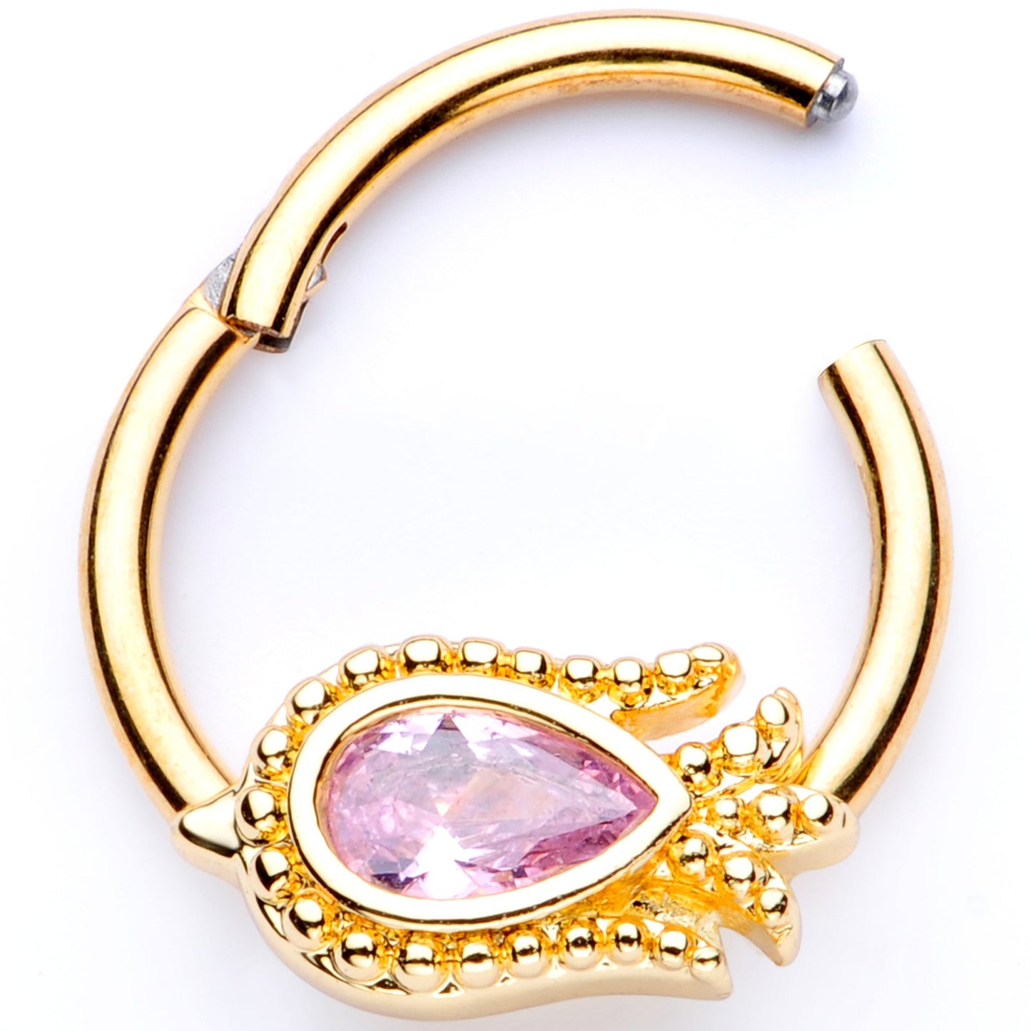 16 Gauge 3/8 Pink Gem Gold Tone Tulip Flower Hinged Segment Ring