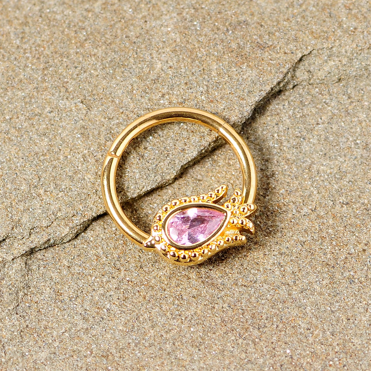 16 Gauge 3/8 Pink Gem Gold Tone Tulip Flower Hinged Segment Ring