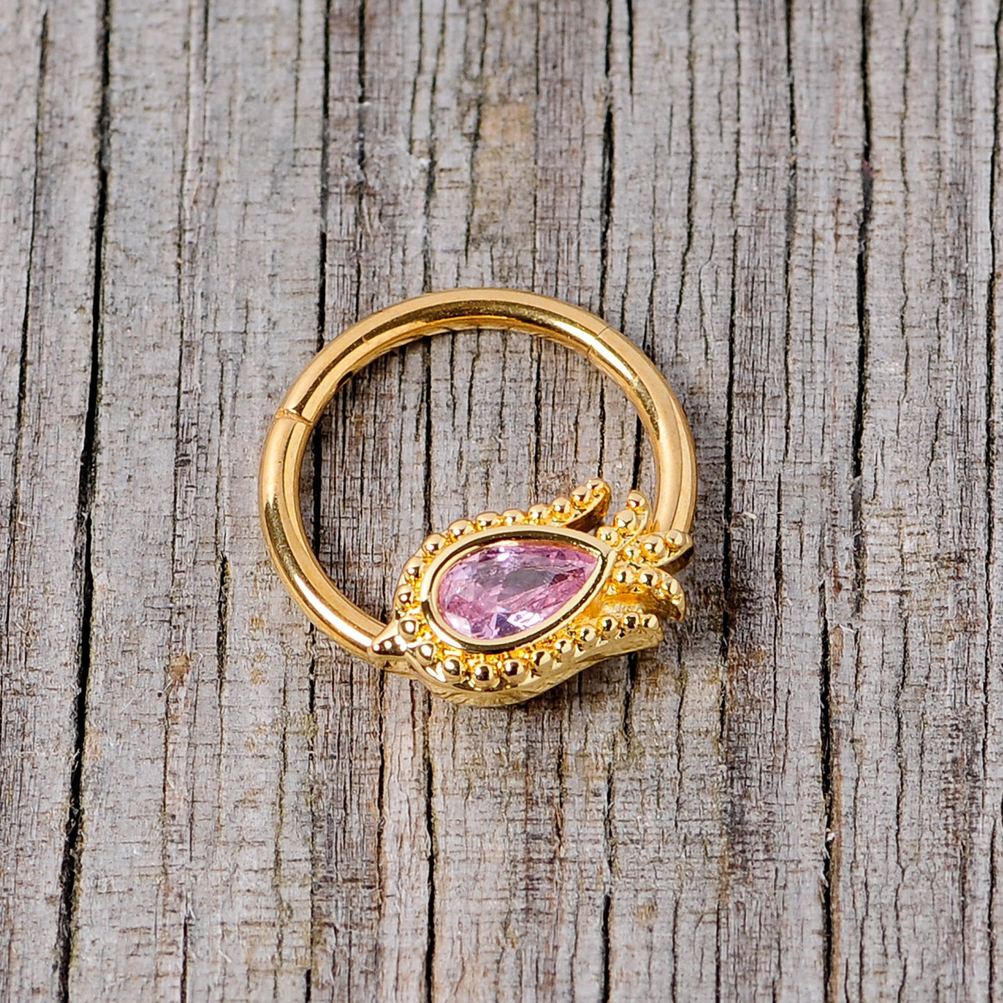 16 Gauge 3/8 Pink Gem Gold Tone Tulip Flower Hinged Segment Ring