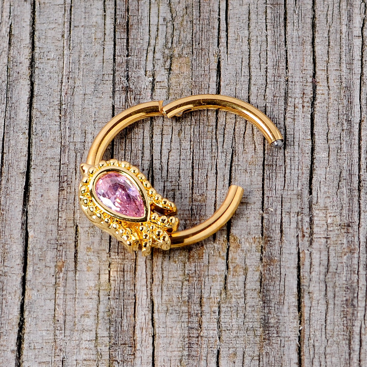 16 Gauge 3/8 Pink Gem Gold Tone Tulip Flower Hinged Segment Ring