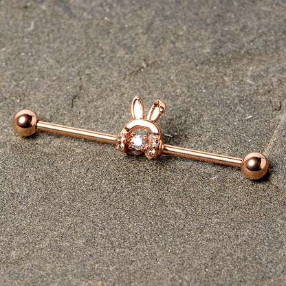 14 Gauge Rose Gold Tone Bunny Ear Headphone Industrial Barbell