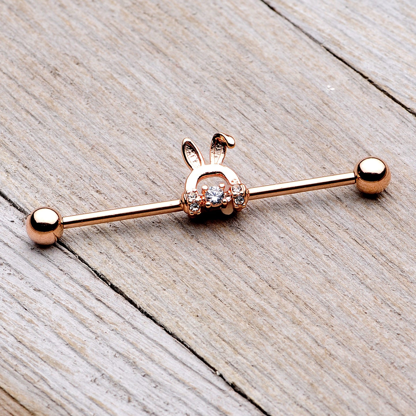 14 Gauge Rose Gold Tone Bunny Ear Headphone Industrial Barbell