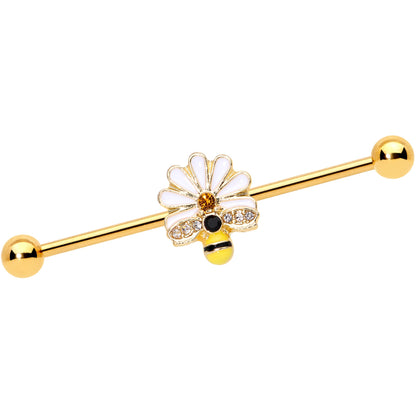 14 Gauge Gold Tone Flower Daisy Bee Industrial Barbell 38mm